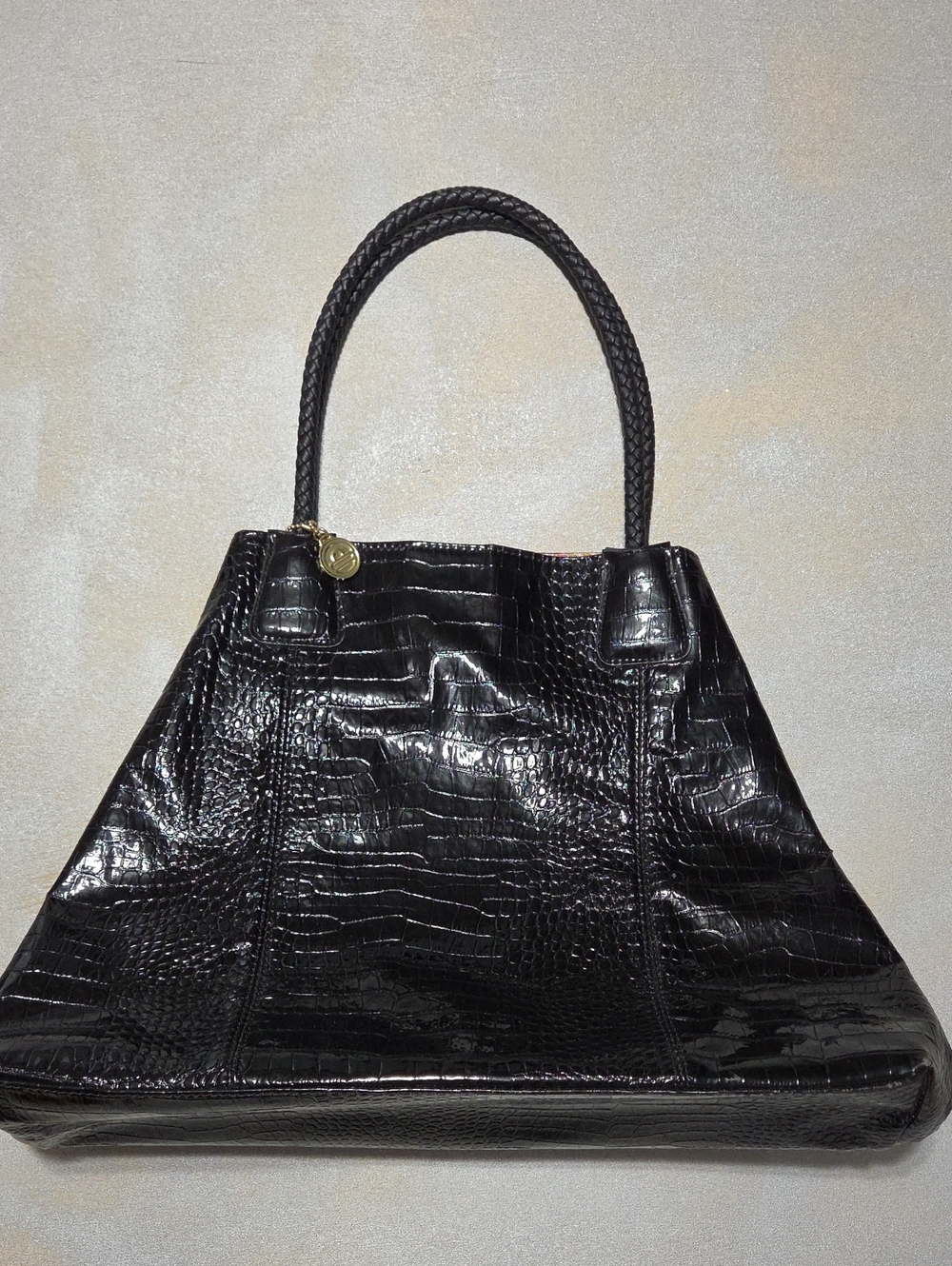 Big Buddha Black Croc-Embossed Glossy Tote with Braided Handles NWOTS